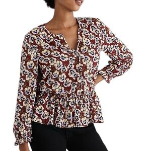 Madewell Viola Floral Ruffle Drawstring Top in Pansy Floral Dusty Burgundy - M